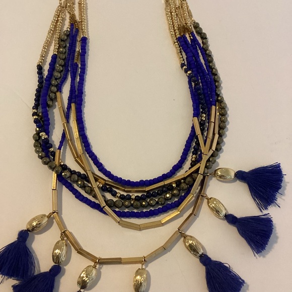 Stella & Dot Tulum Necklace Tassel Fringe Multi Strand Blue Gold Layers - Picture 10 of 16